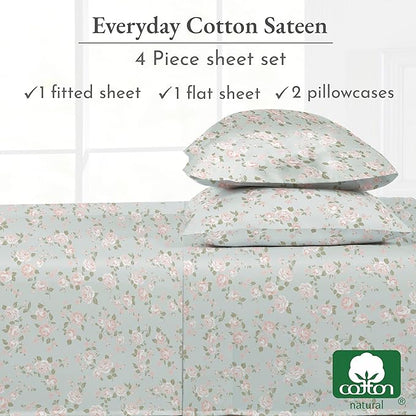 California Design Den Sheet Set Rose King Size Bed Sheets, Deep Pocket King Sheets & Pillowcase Set, Soft Sateen Weave - Vintage Rose
