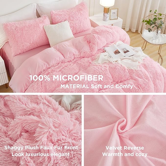 Andency Faux Fur Pink Comforter Set King Size, 3 Pieces Fluffy Fuzzy Plush Bedding Comforter Set (1 Shaggy Velvet Comforter & 2 Pillowcases), Soft Puffy Comfy Down Alternative Comforter Bedding Set