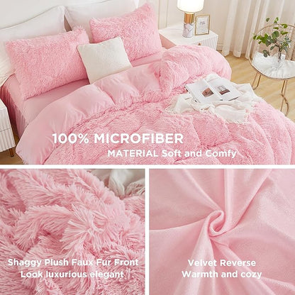 Andency Faux Fur Pink Comforter Set King Size, 3 Pieces Fluffy Fuzzy Plush Bedding Comforter Set (1 Shaggy Velvet Comforter & 2 Pillowcases), Soft Puffy Comfy Down Alternative Comforter Bedding Set