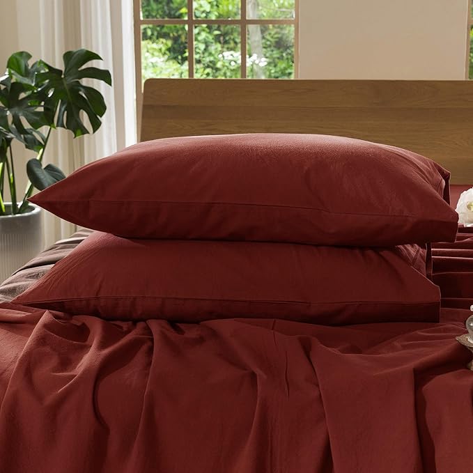 MooMee Bedding Pillowcases Pack of 2 100% Washed Cotton Linen Like Textured Breathable Durable Soft Comfy (Solid Fired Brick Red, Queen)