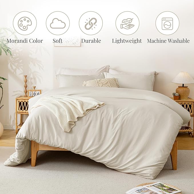 MILDLY Super Soft Duvet Cover 2pcs - 100% Washed Microfiber Beige Comforter Cover Set with Zipper Closure & Corner Ties (No Comforter)