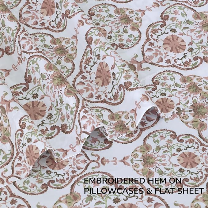 Feather & Stitch Printed 500 TC King Size 4pc Damask Bed Sheet Set, 100% Soft Cotton Breathable Bedsheets, 18" Deep Pockets Sateen Weave Striped Bedding Mattress Resort Hotel Luxury - Floral Bloom