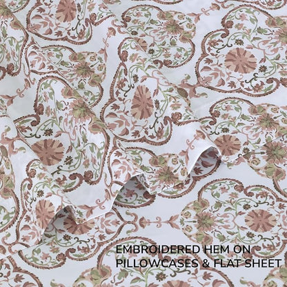 Feather & Stitch Printed 500 TC Full Size 4pc Damask Bed Sheet Set, 100% Soft Cotton Breathable Bedsheets, 18" Deep Pockets Sateen Weave Striped Bedding Mattress Resort Hotel Luxury - Floral Bloom