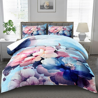 Pink Floral Comforter Set King Size Girls Blue Flower Comforter Comen Western Boho Bedding Set King Blue Floral Bedding Boho Bedroom Decor Teen Girls