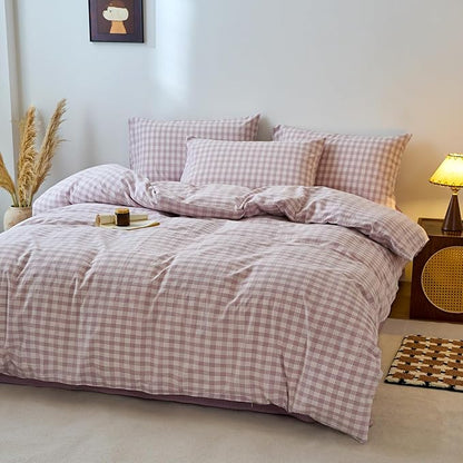 EAVD Vintage Style Gingham Duvet Cover Full Purple White Soft 100% Washed Cotton Chic Grid Checkered Bedding Set with 2 Pillowcases Farmhouse Purple Plaid Duvet Cover with Zipper Closure