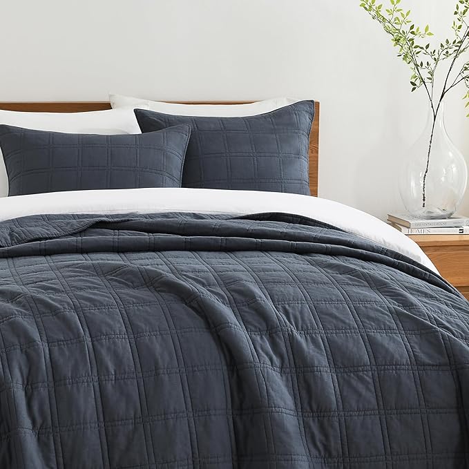 HORIMOTE HOME 100% Cotton Quilt Set Twin Size, Denim Blue Pre-Washed Bedspreads Coverlet Set in Geometric Pattern, Cozy Lightweight Stitching Decorative Bedding Cover with 1 Sham for All Season