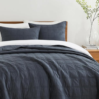 HORIMOTE HOME 100% Cotton Quilt Set Queen Size, Denim Blue Pre-Washed Bedspreads Coverlet Set in Geometric Pattern, Cozy Lightweight Stitching Decorative Bedding Cover with 2 Shams for All Season