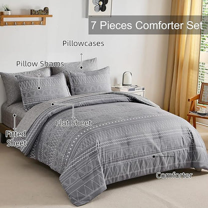 WONGS BEDDING 7 Pieces Grey Boho Comforter Set King Size,Dark Grey Texture Geometric Bed in a Bag Comforter Reversible Soft Microfiber Bedding Set with Pillowcases & Shams,Flat Sheet,Fitted Sheet