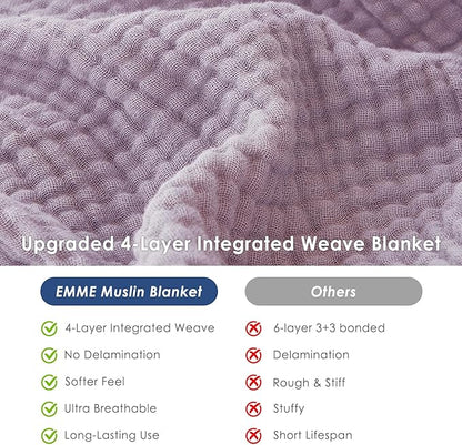 EMME Cotton Muslin Queen Blanket Bed Layering Bedspread Coverlet Breathable Gauze Soft Lightweight Adults (Heather Lavender, 90"x90")