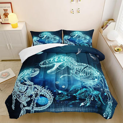 Dinosaur Comforter Set for Teens Boys Girls,Dino Eyes 3 Pieces Bedding Set Full,Dark Blue Lightweight Down Alternative Bedding Sets for All Season