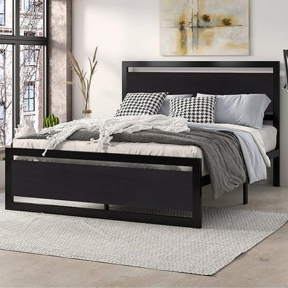 SHA CERLIN Heavy Duty Queen Size Bed Frame with Modern Headboard, Black | Platform Metal Base with Square Footboard and 13 Strong Slats Support, No Box Spring Needed