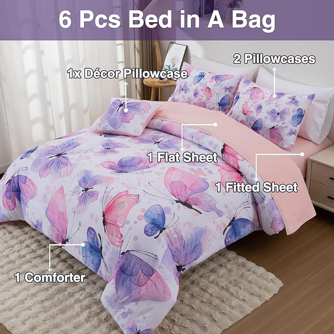 A Nice Night 6pcs Bed in A Bag Watercolor Ink Wash Tie-Dye Butterfly Printed, Butterflies Flying Bedding Comforter Set, Twin，Purple