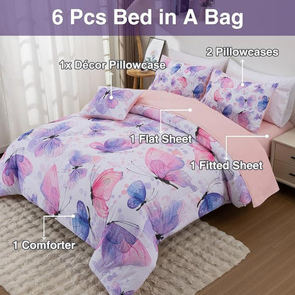 A Nice Night 6pcs Full Bed in A Bag Watercolor Ink Wash Tie-Dye Butterfly Printed, Butterflies Flying Bedding Comforter Set, Purple