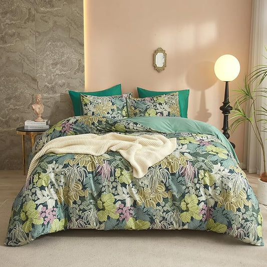 HighBuy Luxury Soft Comforter Set King Size Topical Green Leaves Cottagecore Comforter Set Fluffy Aesthetic Bedding Comforter Modern Style with 2 Pillowcases for Women Men