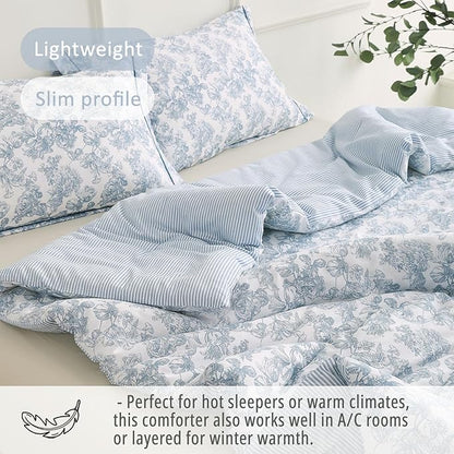 Vintage Cotton Comforter Twin Size 2Pcs - Elegant Pale Slate Blue Floral Pattern on White with Light Blue & White Striped Reverse, Luxurious Lightweight Bedding Sets with Soft Fill(68"×90")