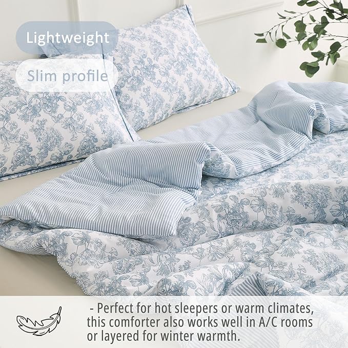 Vintage Cotton Comforter Queen Size 3Pcs - Elegant Pale Slate Blue Floral Pattern on White with Light Blue & White Striped Reverse, Luxurious Lightweight Bedding Sets with Soft Fill(90"×90")