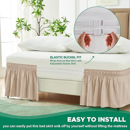 Biscaynebay Wrap Around Bed Skirts for King & Cal King Beds 16" Drop, Sand Adjustable Elastic Dust Ruffles Easy Fit Wrinkle Resistant Silky Luxurious Fabric Machine Washable