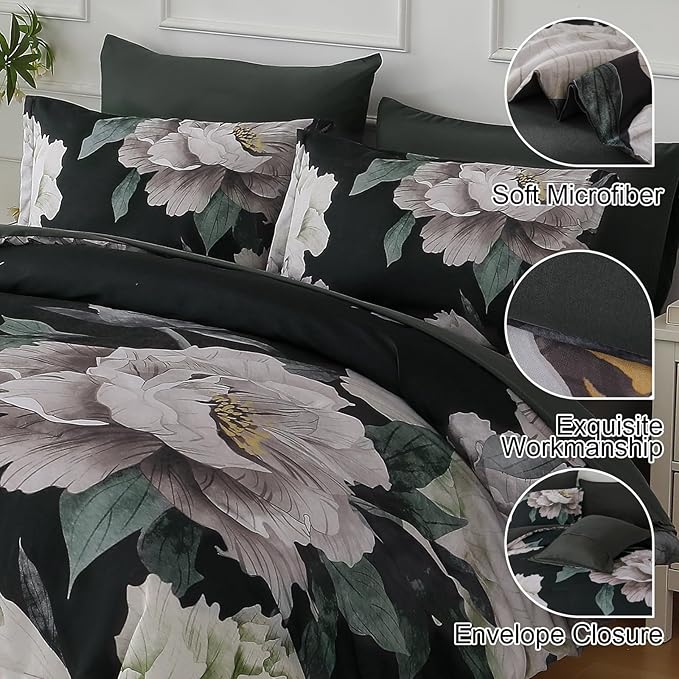 Dobuyly Black Comforter Set King Size 7 Piece Bed in a Bag, Floral Comforter Set with Sheets, Soft Microfiber Botanical Flower Bedding Set for All Season
