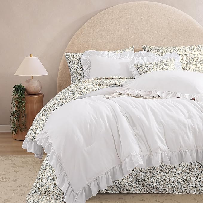King Comforter Set - 7 Pieces Ruffle White Bedding Sets, Shabby Chic Farmhouse Bed in a Bag King with Ruffle Comforter, Floral Sheets, Pillowcases & Shams