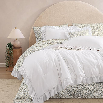 Twin XL Comforter Set - 5 Pieces Ruffle White Bedding Sets, Shabby Chic Farmhouse Bed in a Bag Twin XL with Ruffle Comforter, Floral Sheets, Pillowcases & Shams