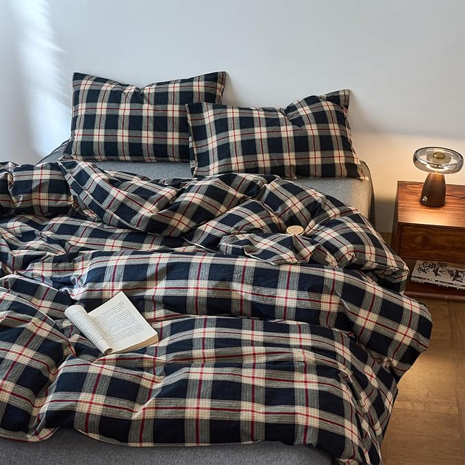 EAVD Vintage Style Black Buffalo Plaid Duvet Cover Full Soft 100% Washed Cotton Red&Green Grid Checkered Bedding Set with 2 Pillowcases Retro Farmhouse Geometric Grid Duvet Cover with Zipper