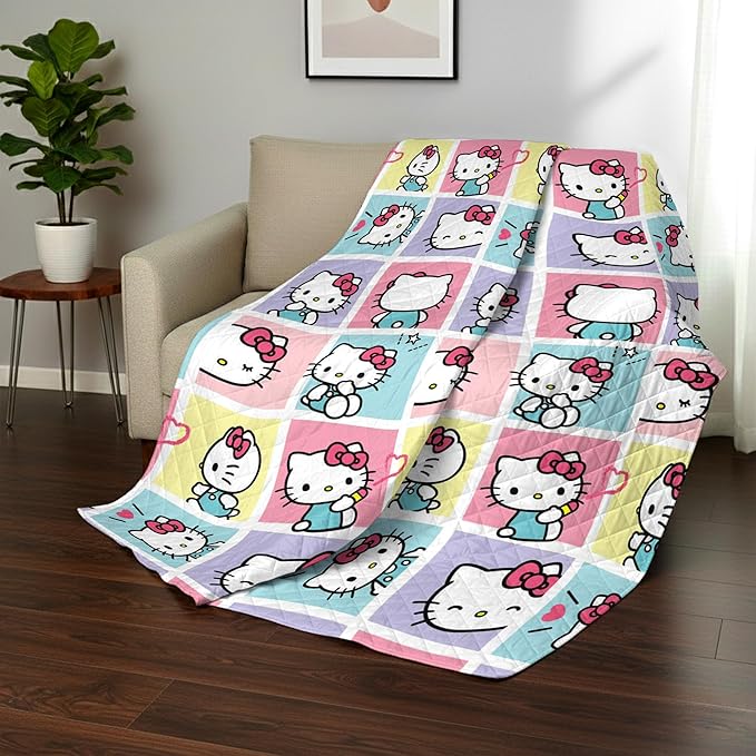 Northwest Hello Kitty Sweet As Can Be Reversible Quilted Throw, Kawaii Cozy Fantasy Throw, Gift for Anime Fans or Game Room Décor, 90 x 90 Inches
