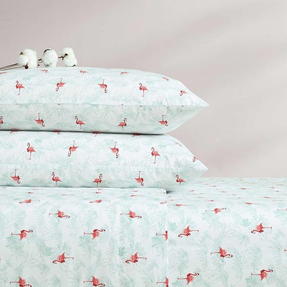 Tommy Bahama - King Size Sheet Set, Crisp & Cool Cotton Percale Bedding with a Smooth Lightweight Feel, 4 Piece Holiday Bed Sheets with Matching Pillowcases (Flamingo Santa Green)