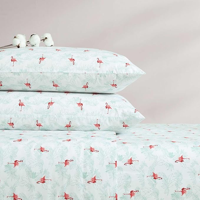 Tommy Bahama - Queen Size Sheet Set, Crisp & Cool Cotton Percale Bedding with a Smooth Lightweight Feel, 4 Piece Holiday Bed Sheets with Matching Pillowcases (Flamingo Santa Green)