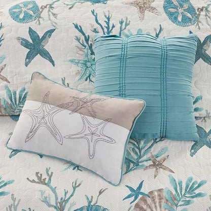 Madison Park Quilt Set Cottage Coastal Design, Starfish Print - All Season, Coverlet Bedspread Lightweight Bedding Layer, Shams, Toss Pillows, King/Cal King(104"x94"), Pebble Beach Aqua 6 Piece