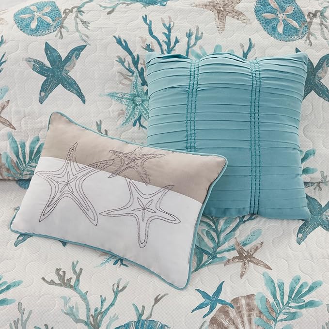 Madison Park Quilt Set Cottage Coastal Design, Starfish Print - All Season Lightweight Coverlet Bedding Layer, Shams, Toss Pillows, Pebble Beach, Aqua, Full/Queen(90 in x 90 in) 6 Piece