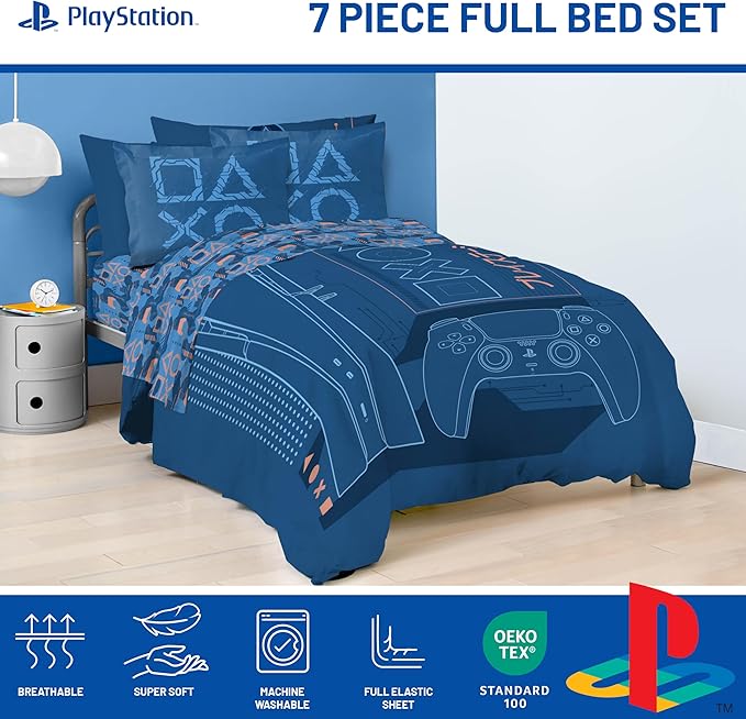 Jay Franco Kids Comforter Set Includes Sheets and Pillow Covers - Soft and Cozy Bed Set for Stylish Room Decor, Official Licensed Bedding, Blue - PlayStation, 7 Piece Full