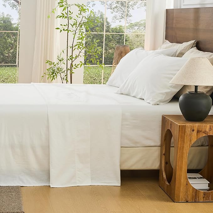 Bedlifes 100% French Linen Sheets California King Size 18-24" Extra Deep Pocket 4-Piece Set Breathable & Moisture-Wicking,Soft & Durable Sheets for Thick Mattresses(White)