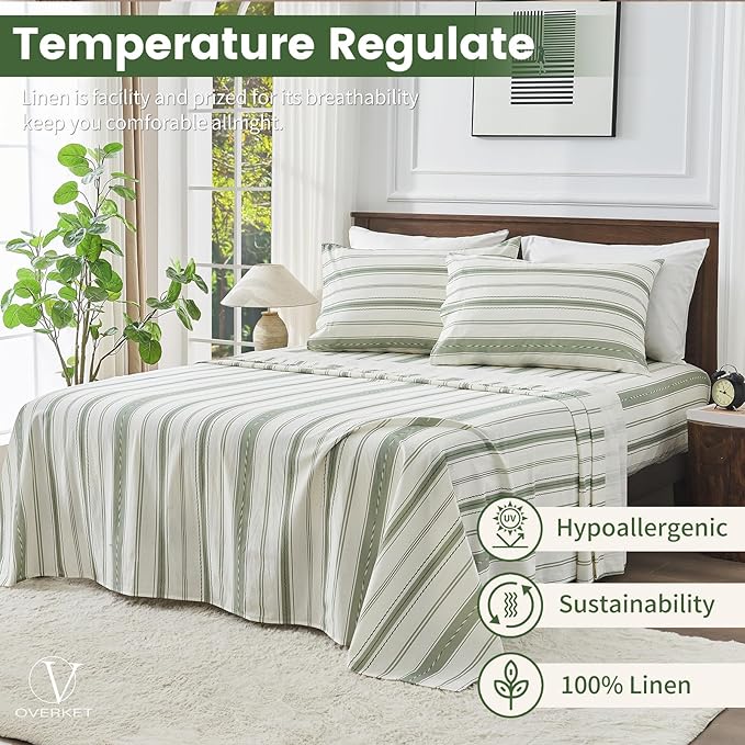 100% Linen Sheets Queen Size,Breathable & Durable 4-Piece Bed Flax Stripes Sheet Set,Soft All-Season Bedding for Hot Sleepers 16" Deep Pocket Oeko-TEX Certified,（Queen, Green Stripes）