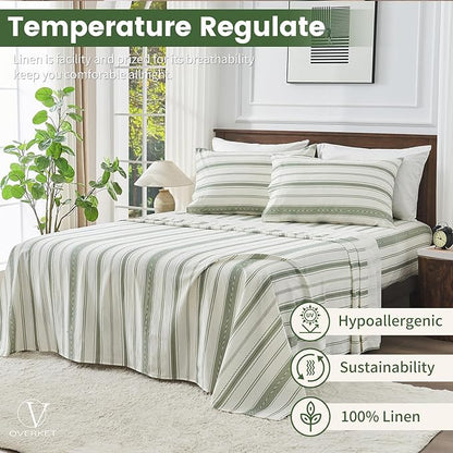 100% Linen Sheets Queen Size,Breathable & Durable 4-Piece Bed Flax Stripes Sheet Set,Soft All-Season Bedding for Hot Sleepers 16" Deep Pocket Oeko-TEX Certified,（Queen, Green Stripes）
