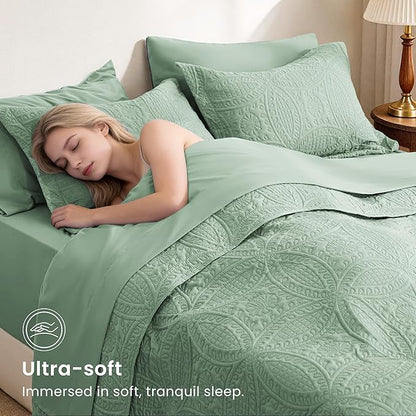 Love's cabin Queen Quilt Set Sage, Bed in a Bag Queen Size Bedding 7 Pieces, Ultrasonic Embossed Coin Pattern Comforter, Lightweight Bedspreads for All Seasons Quilt with Sheets, Pillowcases & Shams