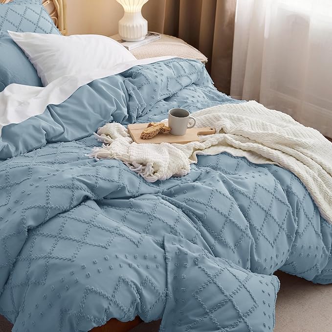 Bedsure Boho Cal King Duvet Cover - Mineral Blue Breathable & Soft Boho Bedding, Machine Washable Comforter Cover for All Seasons, Includes 1 Duvet Cover 104"x98" with 2 Pillow Shams & Zipper Closure