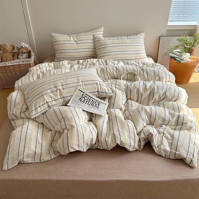 EAVD Vintage Colorful Striped Comforter Set King Soft Cotton 3-Piece Retro Vertical Striped Bedding Set with 2 Pillowcases Boho Geometric Comforter Set for All-Season(Green&Yellow&Brown, King)