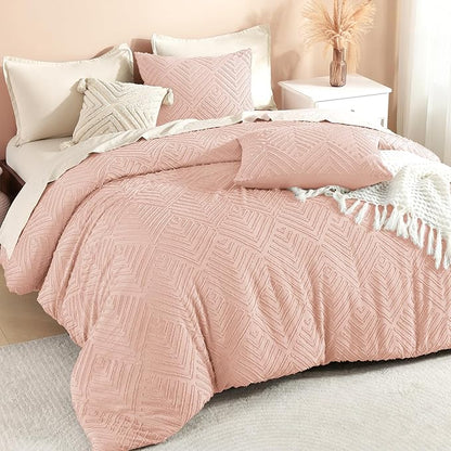 Litanika Blush Pink Queen Comforter Set, 3 Pieces Tufted Boho Farmhouse Bedding Comforter Sets, Lightweight Fluffy Comforter Bed Set for All Season (90x90In Comforter and 2 Pillowcases)
