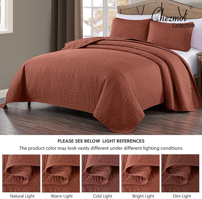 Chezmoi Collection Austin Queen Bedspread Set 3-Piece Pinsonic Quilted Oversized Bedspread Coverlet Set, Queen, Terracotta | Oversized, Lightweight, Fade Resistant
