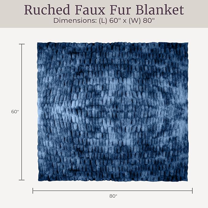 Lavish Home Oversized Ruched Faux Fur Blanket - 60x80-Inch Plush Polyester Faux Fur Queen-Size Throw for Sofas and Beds - Luxurious Bedding (Blue)