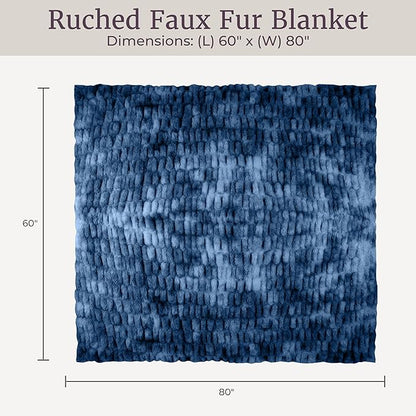 Lavish Home Oversized Ruched Faux Fur Blanket - 60x80-Inch Plush Polyester Faux Fur Queen-Size Throw for Sofas and Beds - Luxurious Bedding (Blue)