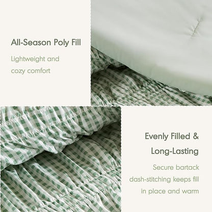 Intelligent Design Ella King Comforter Set – Ruched Gingham Shabby Chic Bedding, Bow-Tie Detail, All Season Lightweight 3 Piece Bedding Set, Sham, King/Cal King, Green