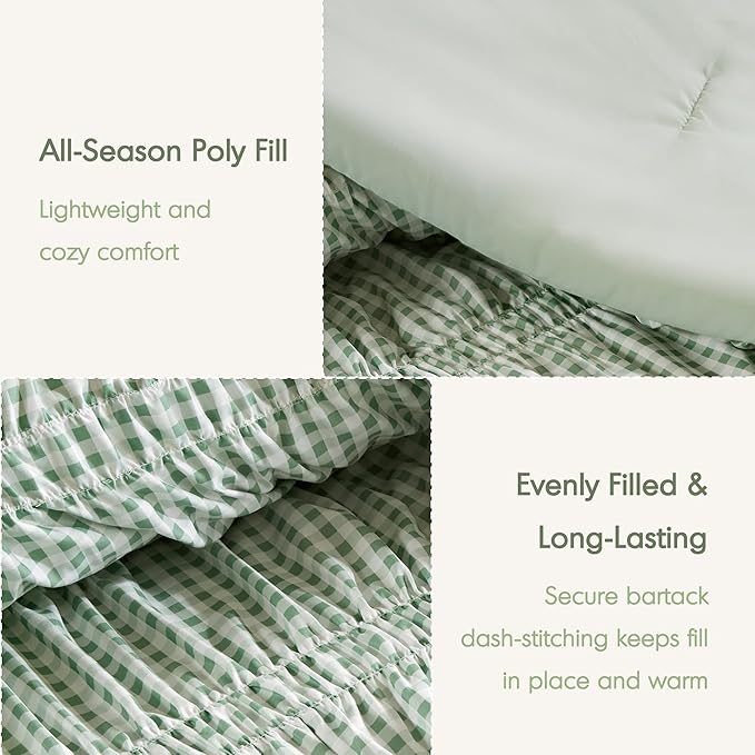Intelligent Design Ella Queen Comforter Set – Ruched Gingham Shabby Chic Bedding, Bow-Tie Detail, All Season Lightweight 3 Piece Bedding Set, Sham, Full/Queen, Green