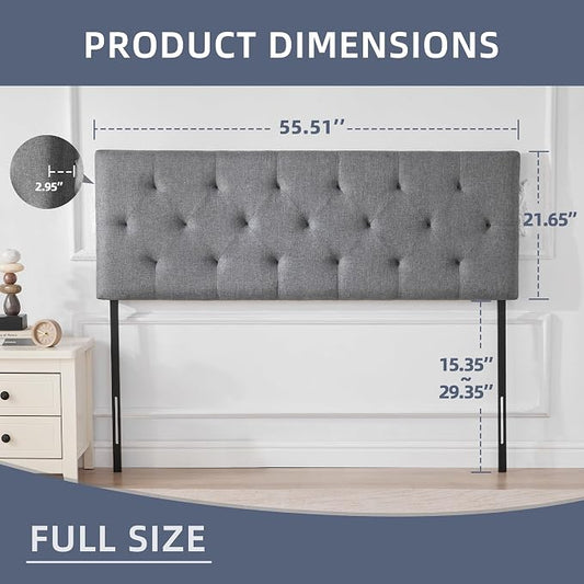 Linen Headboard Full Size, Adjustable Height Headboard 37-51 in, Light Gray | Diamond Tufting Solid Wood Full XL Headboards Only, Durable Metal Legs, Upholstered Full Head Board Bed Frame, Modern Fabric