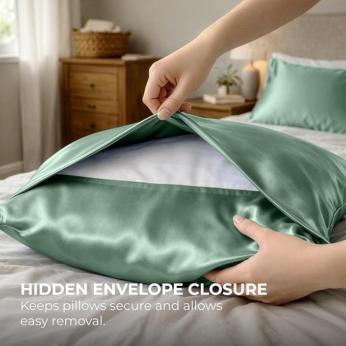 Satin Pillowcase 2 Pack - Queen Size (20"x30", Champagne Green) - Silky Pillow Cases for Hair and Skin - Satin Pillow Covers with Envelope Closure - Extra Soft Premium Microfiber