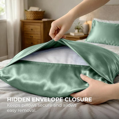 Satin Pillowcase 2 Pack - Queen Size (20"x30", Champagne Green) - Silky Pillow Cases for Hair and Skin - Satin Pillow Covers with Envelope Closure - Extra Soft Premium Microfiber