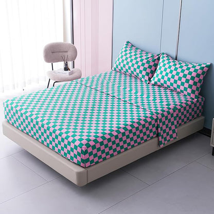 Best Season Queen Size Sheet Set 4 Piece -Microfiber Soft Durable Bedding Sheet Set,Deep Pocket,Stain,Fade & Wrinkle Resistant (Plaid Pink&Green)