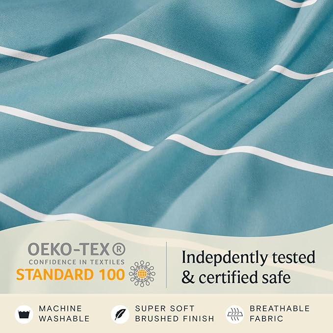 LuxClub Striped Sheets, 3 PC Striped Bed Sheets Twin Size, Deep Pockets 18" Eco Friendly Wrinkle Free-Kids-Fitted Sheets Machine Washable Hotel Bedding (Twin, Light Blue)