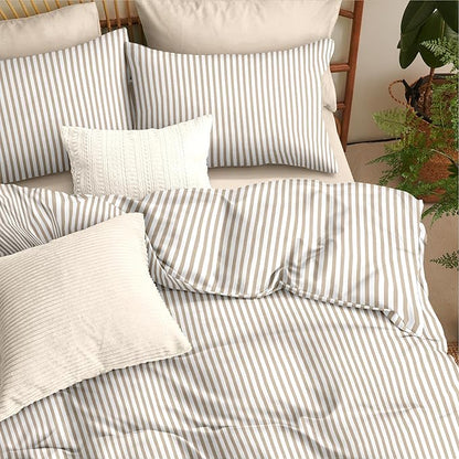Nayoroom Tan Striped Duvet Cover Queen Size Light Brown Stripe Duvet Cover Dorm Bedding Set 3 Pieces Soft Lightweight Washed Microfiber Farmhouse Bedding Set Gifts for Women Men