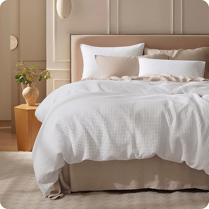Bedsure Cotton Duvet Cover King Size - 100% Cotton Waffle Weave Bright White Duvet Cover, PureWoven Textured Breathable Bedding Comforter Cover for All Season, 1 Duvet Cover Only 104"x90"
